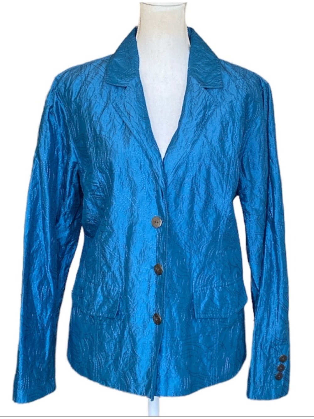 Chico's Teal Blue Embroidered 3 Button Lightweight Silk Jacket Blazer Size 2 / L